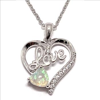.925 Sterling Silver Chain 1.25ctw Opal & Diamonique Diamond LOVE Heart Necklace