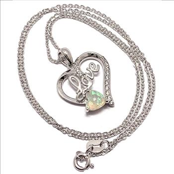 .925 Sterling Silver Chain 1.25ctw Opal & Diamonique Diamond LOVE Heart Necklace