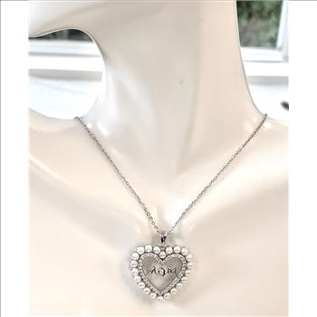 .925 Sterling Silver Chain 22 Opals & 0.75ctw Diamonique Diamond MOM Heart Necklace