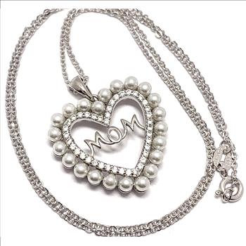 .925 Sterling Silver Chain 22 Opals & 0.75ctw Diamonique Diamond MOM Heart Necklace