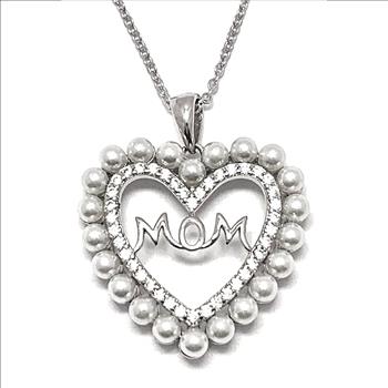 .925 Sterling Silver Chain 22 Opals & 0.75ctw Diamonique Diamond MOM Heart Necklace