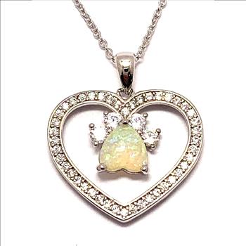 .925 Sterling Silver Chain 3.00 Opal & Diamonique Diamond Heart Paw Necklace
