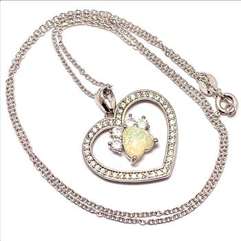 .925 Sterling Silver Chain 3.00 Opal & Diamonique Diamond Heart Paw Necklace