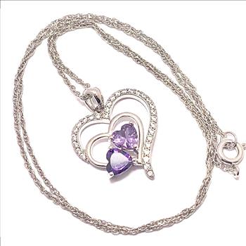 .925 Sterling Silver Chain 3.00ctw Amethyst & Diamonique Diamond Heart Necklace