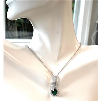 .925 Sterling Silver Chain 3.00ctw Emerald  & Diamonique Diamond Necklace