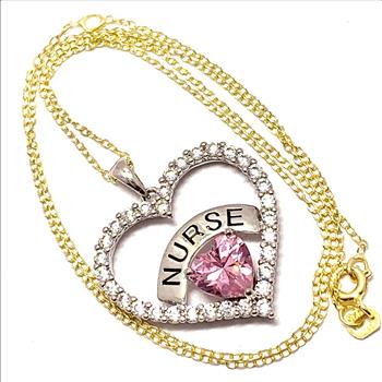 .925 Sterling Silver Chain 3.00ctw Pink Topaz & Diamonique Diamond NURSE Heart Necklace