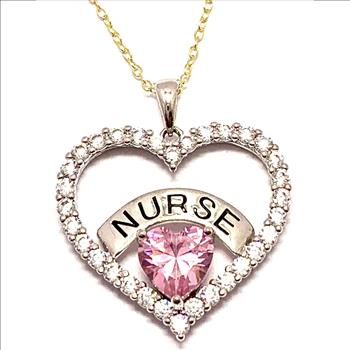 .925 Sterling Silver Chain 3.00ctw Pink Topaz & Diamonique Diamond NURSE Heart Necklace