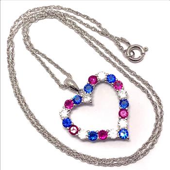 .925 Sterling Silver Chain 3.00ctw Ruby, Sapphire & Diamonique Diamond Heart Necklace