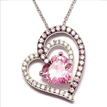 .925 Sterling Silver Chain 6.50ctw Pink Topaz & Diamonique Diamond Heart Necklace