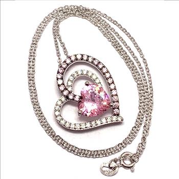 .925 Sterling Silver Chain 6.50ctw Pink Topaz & Diamonique Diamond Heart Necklace