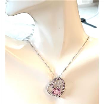 .925 Sterling Silver Chain 6.50ctw Pink Topaz & Diamonique Diamond Heart Necklace