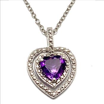 .925 Sterling Silver  Genuine Diamonds ,  Genuine Heart Shape Amethyst  Necklace