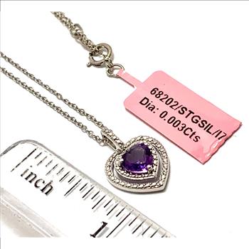 .925 Sterling Silver  Genuine Diamonds ,  Genuine Heart Shape Amethyst  Necklace