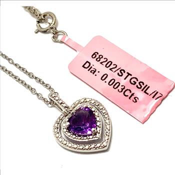 .925 Sterling Silver  Genuine Diamonds ,  Genuine Heart Shape Amethyst  Necklace