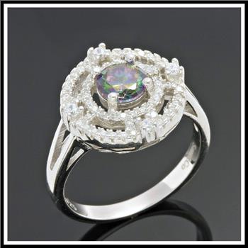 .925 Sterling Silver, Mystic Topaz & AAA Grade Australian Cz's Vintage Style Ring   size 6