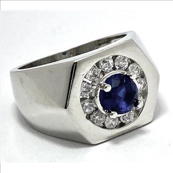 .98CT Blue & White Sapphire Signet Style Ring 18K Gold Overlay Sz 7.5 – 7.6g