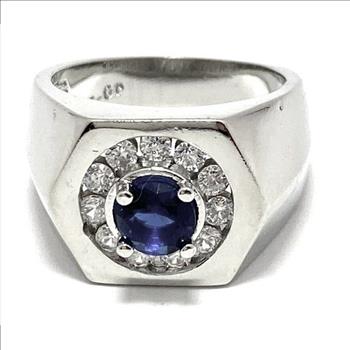 .98CT Blue & White Sapphire Signet Style Ring 18K Gold Overlay Sz 7.5 – 7.6g