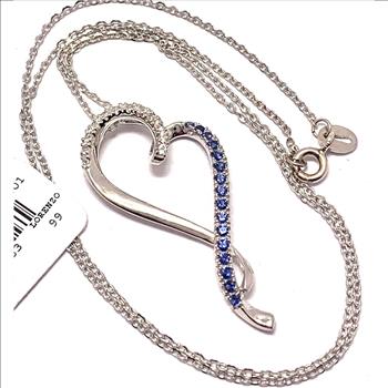 $99 COLORE SG Lorenzo 18K WG & .925 Sterling Silver 0.51ctw Blue & White Sapphire Heart Necklace