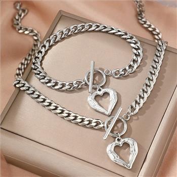 Angel Wing Heart Necklace & Bracelet Set 18K Gold Overlay Toggle Design