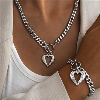Angel Wing Heart Necklace & Bracelet Set 18K Gold Overlay Toggle Design
