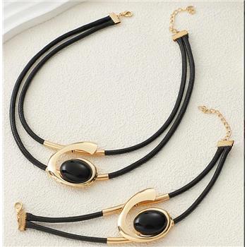 Black Onyx Necklace & Bracelet Ring Set 18K Gold Overlay