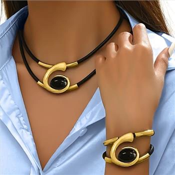 Black Onyx Necklace & Bracelet Ring Set 18K Gold Overlay