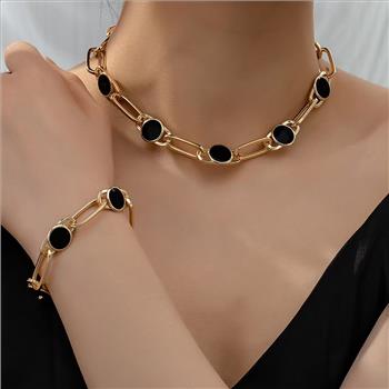 Black Onyx Necklace & Bracelet Set 18K Gold Overlay