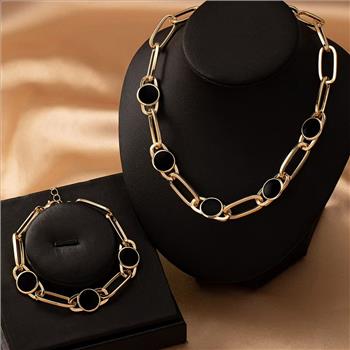 Black Onyx Necklace & Bracelet Set 18K Gold Overlay