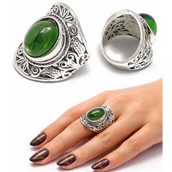 Cabochon Cut Emerald Ring Antique Design 18k Gold Overlay