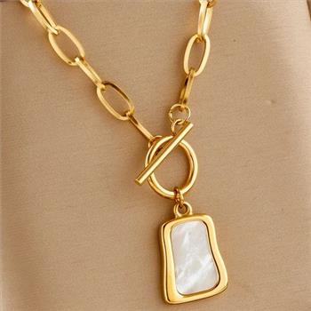 Designer Inspired 15X8mm Mother Of Pearl 18k Gold Overlay Necklace