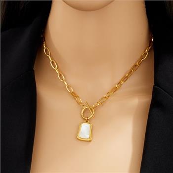 Designer Inspired 15X8mm Mother Of Pearl 18k Gold Overlay Necklace