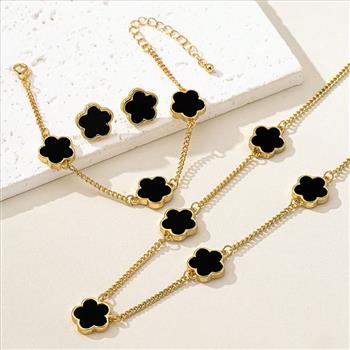 Designer Inspired 18K Gold Overlay White Enamel Necklace. Bracelet & Earrings Set
