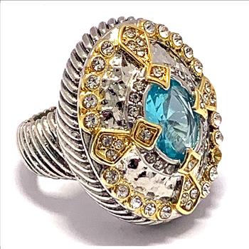 Designer Inspired 18k White & Yellow Gold Overlay Blue Topaz & Diamonique Diamond Ring