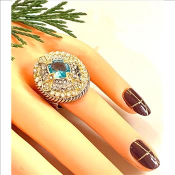 Designer Inspired 18k White & Yellow Gold Overlay Blue Topaz & Diamonique Diamond Ring