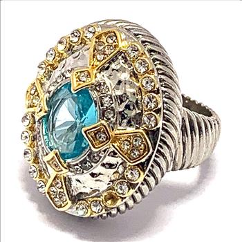 Designer Inspired 18k White & Yellow Gold Overlay Blue Topaz & Diamonique Diamond Ring
