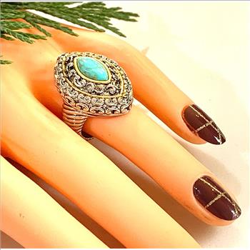 Designer Inspired 18k White & Yellow Gold Overlay Turquoise Ring