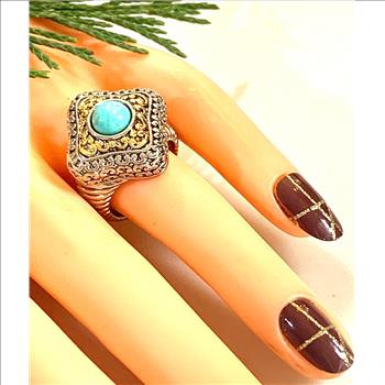 Designer Inspired 18k White & Yellow Gold Overlay Turquoise Ring