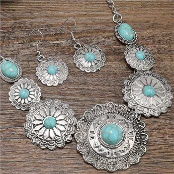 Designer Inspired 55.00ctw Turquoise & 18k Gold Overlay Large Necklace & Earrings Set
