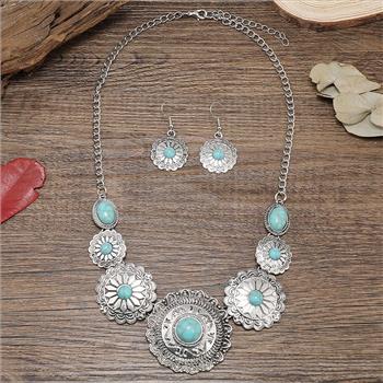 Designer Inspired 55.00ctw Turquoise & 18k Gold Overlay Large Necklace & Earrings Set