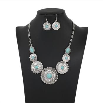 Designer Inspired 55.00ctw Turquoise & 18k Gold Overlay Large Necklace & Earrings Set