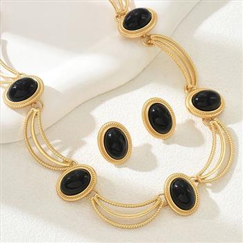 Designer Inspired 85.00ctw Onyx & 18k Gold Overlay Necklace & Earrings Set