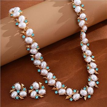Designer Inspired 8.50ctw Blue Topaz & White Pearl  18k Gold Overlay Necklace & Earring Set