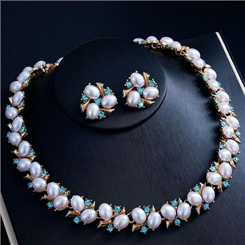 Designer Inspired 8.50ctw Blue Topaz & White Pearl  18k Gold Overlay Necklace & Earring Set