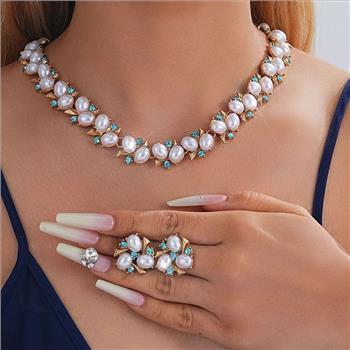 Designer Inspired 8.50ctw Blue Topaz & White Pearl  18k Gold Overlay Necklace & Earring Set