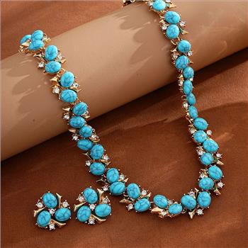 Designer Inspired 8.50ctw White Topaz & Turquoise 18k Gold Overlay Necklace & Earring Set