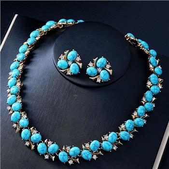 Designer Inspired 8.50ctw White Topaz & Turquoise 18k Gold Overlay Necklace & Earring Set