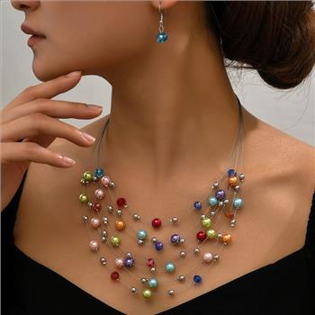 Designer Inspired  Multicolor Pearls & Stones 18k Gold Overlay  Necklace & Earring Set