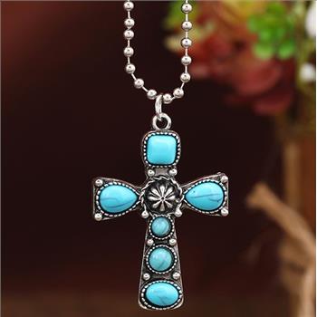 Designer Inspired  Turquoise & 18k Gold Overlay Cross Necklace