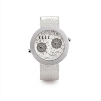 ELLE TIME Women's Dual Time Silver City Genuine Leather Strap Watch