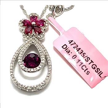 Genuine Diamond & Rhodolite,  925 Sterling Silver & 18k Gold Ovr Necklace